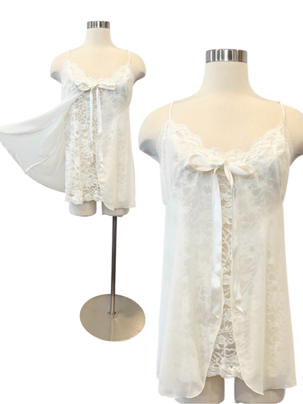 90s Victoria’s Secret Ivory Lace Chiffon Vintage Nightie Babydoll Slip Dress L